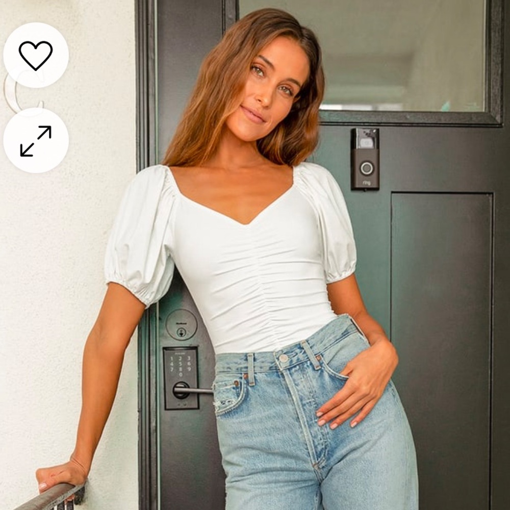 Lulus Ruche to You White Ruched Puff Sleeve Bodysuit